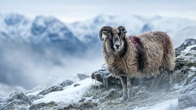 A shaggy mountain indian sheep stands on a snow-dusted rocky ridge, breath visible in the cold air; mist drifts across jagged peaks and frozen ground, evoking isolation and resilience...