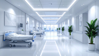 Obraz premium Modern hospital interior background, clean medical room with patient bed, healthcare facility environment for medical advertising, healthcare technology presentation and hospital service concept with 