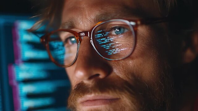 A Focused Programmer Analyzing Complex Code on a Computer Screen, Immersed in the World of Technology and Digital Innovation, Capturing the Essence of Modern Software Development