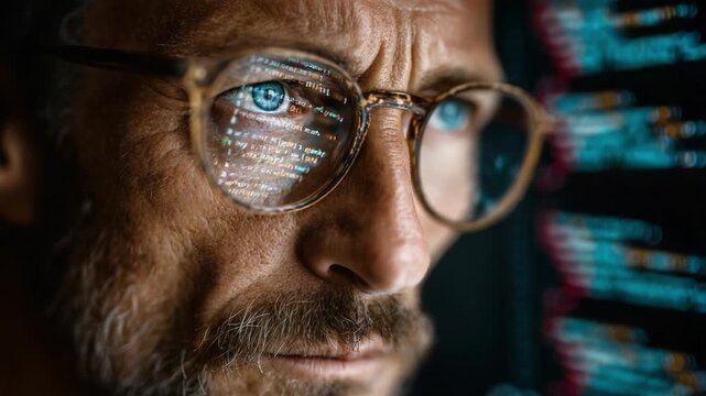 A Deep Focus on Code: An Intense Close-Up of a Programmer Analyzing Lines of Code Reflected in His Glasses, Highlighting the World of Software Development and Innovation