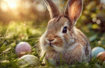Little Bunny in Meadow With Colorful Easter Eggs at Sunset