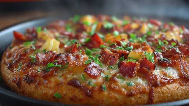 A Close-Up View of a Deliciously Baked Pizza Topped with Crispy Bacon, Pineapple Chunks, and Fresh Parsley Garnish, Emanating Steam and Fulfilling Aroma