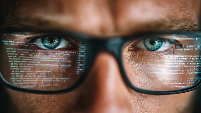 A Close-Up of a Focused Individual Analyzing Code Reflected in Their Glasses, Highlighting the Intricate Relationship Between Technology and Insightful Problem-Solving.