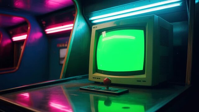 Vintage CRT TV with green screen and retro joystick in neon lit room