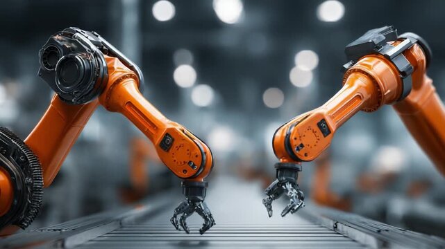 Two Advanced Robotic Arms Collaborating on a High-Tech Assembly Line, Showcasing Precision Engineering and Automation in a Modern Manufacturing Environment