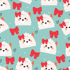 Fototapeta premium cute seamless pattern hand drawn cartoon llama with red bow. cute animal background pattern. blue background