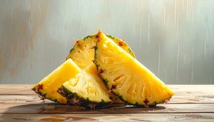Fresh pineapple slices on wooden table near rainy window light, realistic food photography