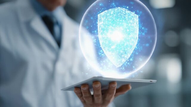A Professional in a Lab Coat Interacts with a Digital Tablet, Generating a Futuristic Shield Icon Representing Data Security and Protection in a High-Tech Environment