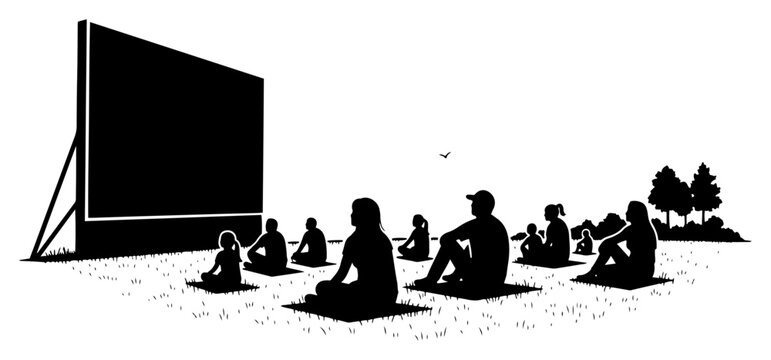 People watching a movie on a large screen at an outdoor open air cinema event