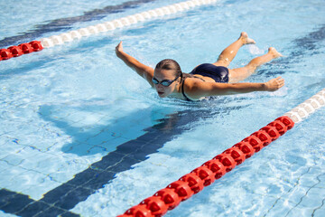 A swimmer performs the butterfly stroke in a swimming pool lane.