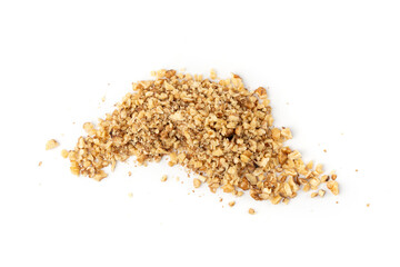 Grated wallnut , broken roasted walnuts, heap of nuts crumbs, whole kernel pieces, fractions