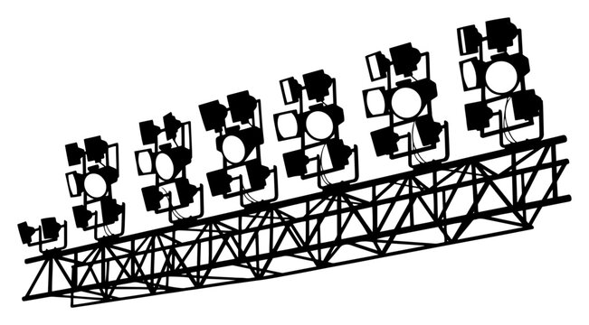 Row of professional stadium floodlights on a metal truss structure for sports arena illumination