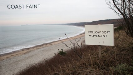 Serene Coastal Landscape with Signpost Indicating Movement Along the Shoreline Under Overcast Sky