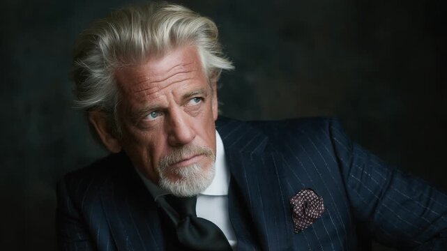 A captivating portrait of an elegant older man with striking silver hair and a well-tailored suit, exuding charm and wisdom in a dramatic light setting.
