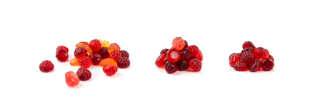 Fruit gummy candy pile isolated, vegan chewing marmalade pills, jelly gumdrops heap