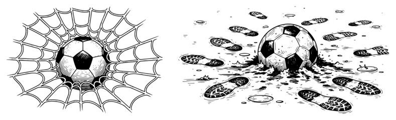 Hand drawn soccer ball hitting goal net and ball surrounded by cleat footprints in mud © Camel