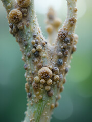Macro shot of a plant stem with unique, spotted growths, showcasing nature's intricate design and textures