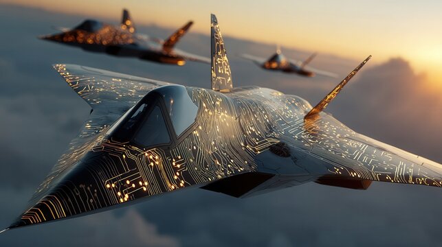 War concept. future cyber jet war drone concept aircraft over cloud at sunrise with glowing circuit pattern and stealth wing design showing advanced military technology and tension