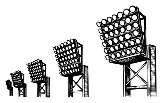Architectural sketch of stadium floodlight towers in perspective view