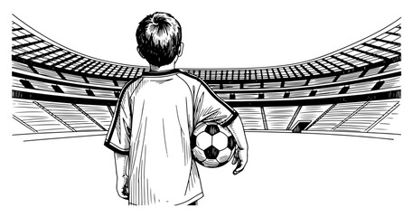Young boy holding a soccer ball while looking at a massive stadium arena © Camel