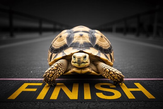 Tortoise reaches finish line on dark racing track with yellow markings