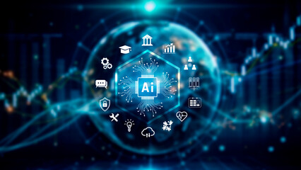 Fototapeta premium Ai tech, Global Internet connect with AI for business, Artificial Intelligence, using command prompt for generates something, Futuristic technology transformation.