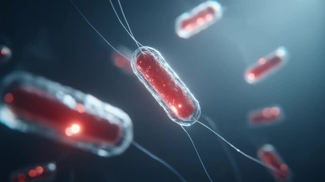 Intricate Visualization of Bacteria: A Stunning Close-Up of Microscopic Life Featuring Elongated Red Cells Captured in a High-Tech Environment