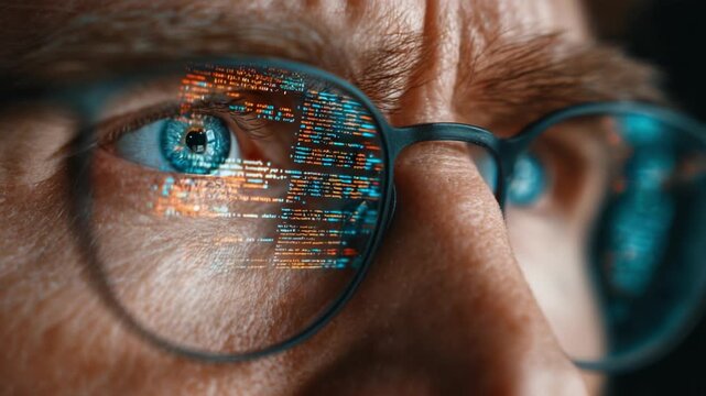 Focused Gaze: A Close-Up on Intense Programming with Code Reflections in Glasses, Capturing the Essence of Concentration and Technological Engagement