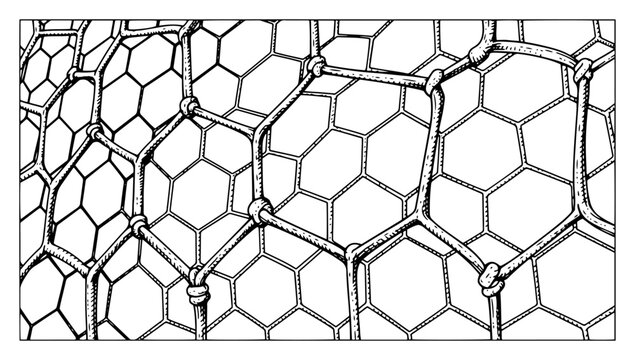 Close up view of a soccer goal net in hand drawn engraving style