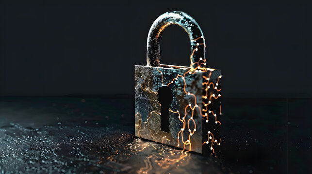 Advanced Cyber Security Lock with Electric Circuit Glow &ndash; Encryption Technology, Secure Network, Data Privacy Protection