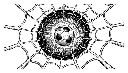Artistic hand drawn sketch of a soccer ball flying through a spiderweb net perspective © Camel
