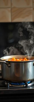 A steaming pot on a stove, suggesting a delicious stew or soup is simmering gently, cooking,  aroma