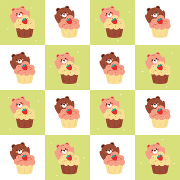 cute pattern hand drawn cartoon bear with cupcake. animal drawing in patchwork pattern style