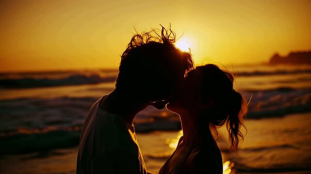 Lovely Couple Of Young Man And Happy Woman Kiss At Sea Beach Or Ocean Water. Romantic Lifestyle Of Fit People In Swimsuits Bonding At Summertime Journey To Scenic Bay. Ethnic Surfer Flirts With Lady