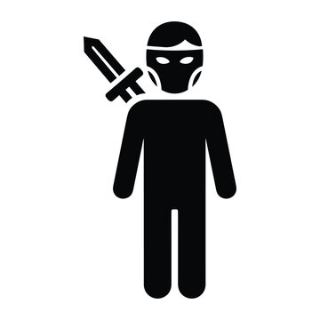 Ninja warrior silhouette icon wearing a mask with a sword on back for gaming and security concepts
