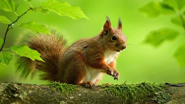 A curious squirrel perches on a mossy branch, with leaves providing a vibrant green backdrop