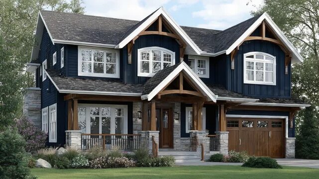 An Elegant Modern Home with Charming Architecture, Striking Dark Blue Facade, Spacious Front Yard, and Inviting Curb Appeal Perfect for Family Living