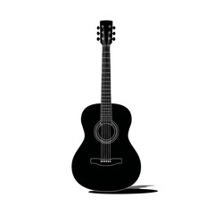 Obraz premium Black acoustic guitar silhouette isolated on white background with shadow.