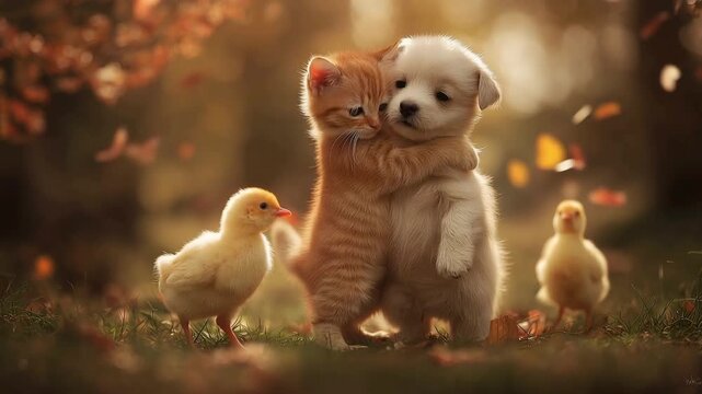 funny golden retriever puppy playing with a kitten and chicks outdoors in a forest. Cute animals in the spring having fun together. Animals playing