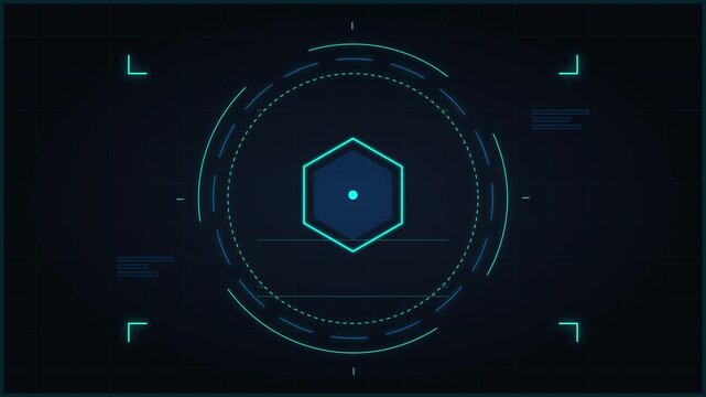 Futuristic holographic interface with a hexagonal target display. Features a digital data overlay and technological elements.