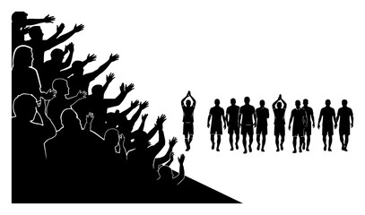 Silhouette of cheering fans in stadium stands watching soccer team players © Camel