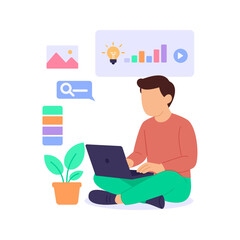 Researching Design, studying trends and creative references, Flat vector character illustration