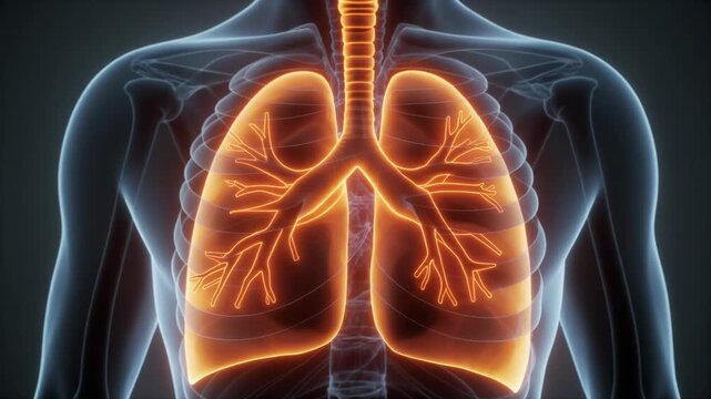 abstract 3D animation of lungs breathing with glowing airflow lines, minimal clean medical style, cinematic lighting, 4K, seamless loop
