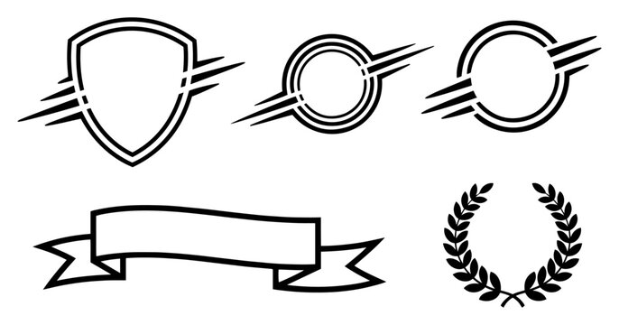 Set of hand drawn sports heraldry elements including shields laurel wreath and banners