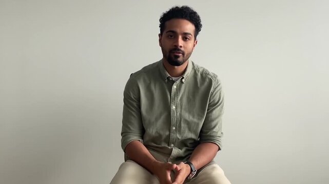 Man speaking seated by empty wall. Young Hispanic businessman engaged in business meeting or discussion seated at desk in modern office, presents sales result and progress, project updates, proposing 