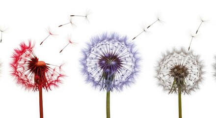Obraz premium Three dandelions in different stages of dispersing seeds