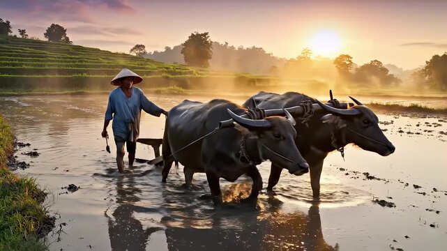 Traditional farmer plowing a terraced rice paddy field with two water buffaloes during a scenic and misty sunrise in rural southeast asia, showcasing organic agriculture