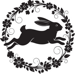 Black silhouette rabbit jumping in floral wreath design