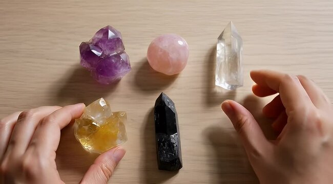 Overhead shot of a hand picking up different types of crystals on table