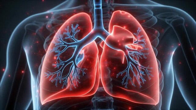 3D conceptual animation of heart and lungs synchronized function, flowing glowing red and blue particles, semi-transparent chest, clean medical style, cinematic lighting, 4K, seamless loop